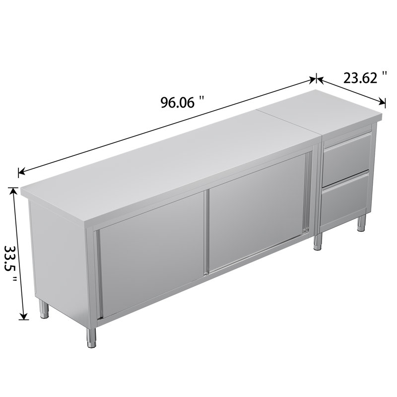 Table de travail 96 po x 24 po x 33,5 po en acier inoxydable avec armoire, armoire de table en acier inoxydable avec portes coulissantes pour le travail de préparation pour la maison, le restaurant, le garage et l'hôtel