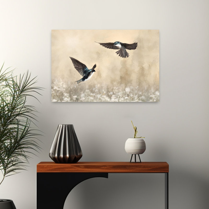 Danse des hirondelles, art d'oiseau contemporain, H 16 po x l 24 po