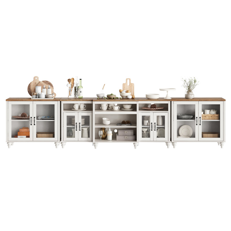 Buffet Cabinet With 8 Glass Doors, Large Coffee Bar Tables Wood Kitchen Storage Cabinets With 13 Storages, White, 137 Inch