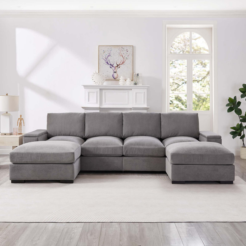 Canapé modulaire en velours côtelé avec repose-pieds et rangement pour accoudoirs, Velours côtelé - Gris