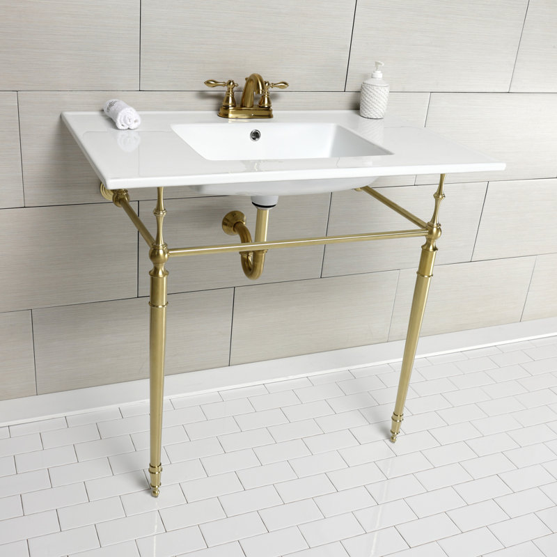 Kingston Brass Edwardian 37-Inch Ceramic Console Sink with Brass Legs, 4" Centers, White/Brushed Brass