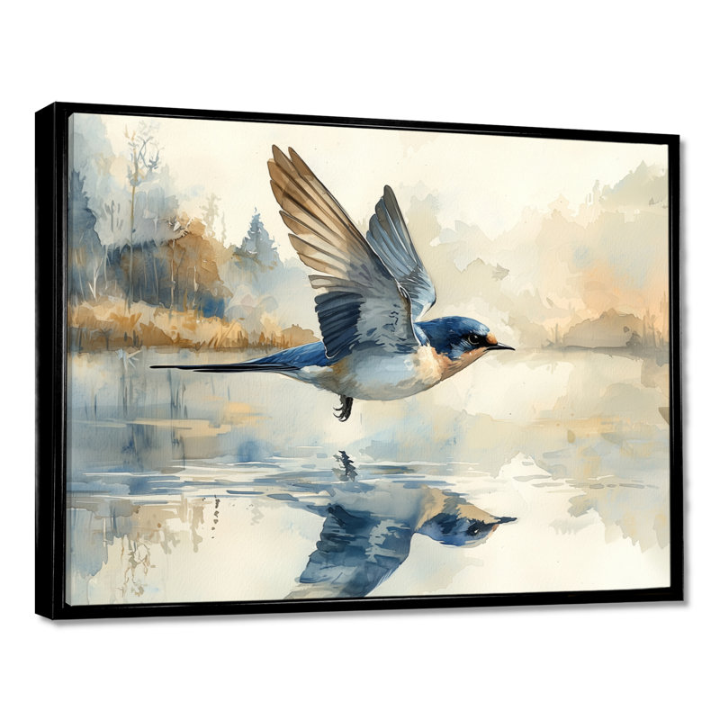 Oiseau hirondelle écumant l'eau - art mural oiseau pour le salon, H 30 po x l 40 po, Cadre flottant, Noir