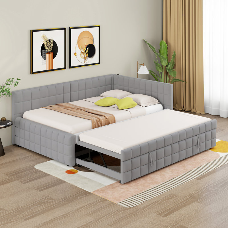 Full Size Daybed With Twin Pop Up Trundle, Upholstered L-Shaped Day Bed Frameand With USB Ports For Kids Adults, Gray