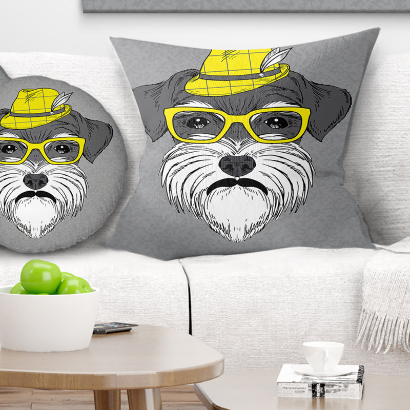Schnauzer avec chapeau et lunettes - Coussin imprimé animal, 18 po x 18 po, Coussin décoratif