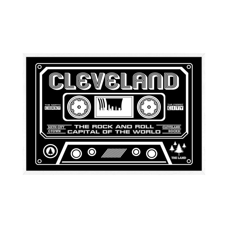 Cleveland Cassette - Dark Background - Print on Canvas, White Framed, 101.6cm H x 152.4cm W x 3.81cm D