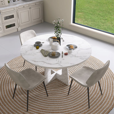 Modern Farmhouse Round Dining Table For 4,MDF Table With Marble White Finish, Easy Assembly For Kitchen/Dining Room-Only Table