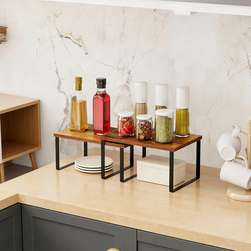 Organisateur empilable d'armoires de cuisine avec cadre en métal et tablettes en bois, étagère de rangement extensible pour comptoir à épices