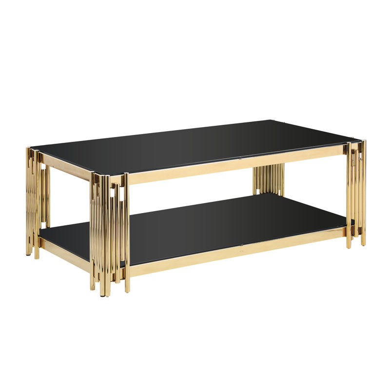 Table basse moderne avec verre trempé spacieux et base en acier inoxydable doré, centre de salon fonctionnel en acier, élégant