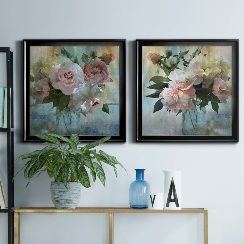 «Peony Bouquet I», reproduction de cadre photo sur toile 2 pièces, Noir, H 34,5 po x l 69 po x P 1,5 po