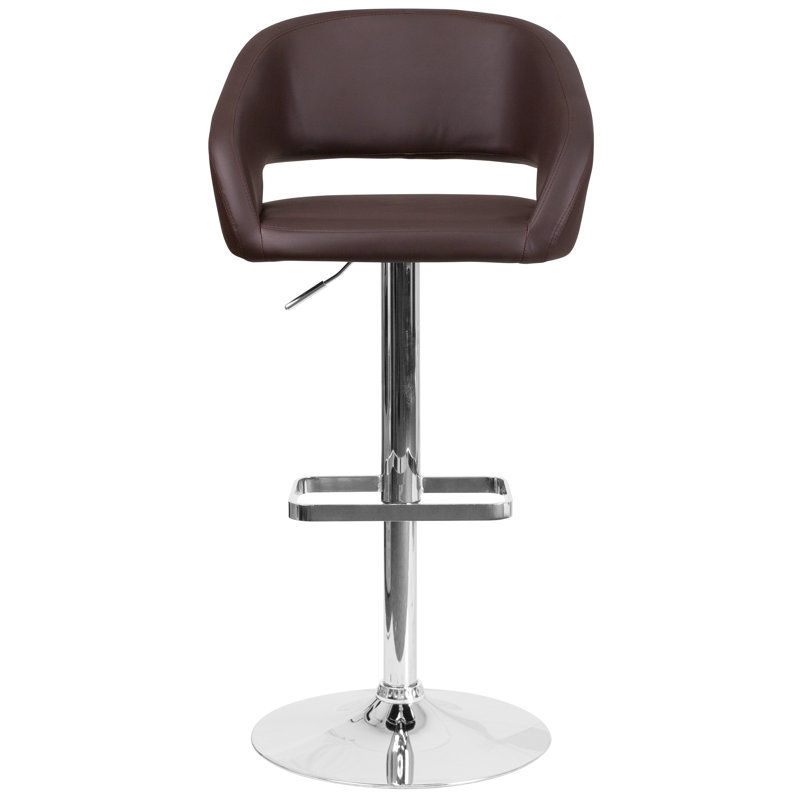 Contemporary Vinyl Adjustable Height Barstool with Rounded Mid-Back, Brown, Gold