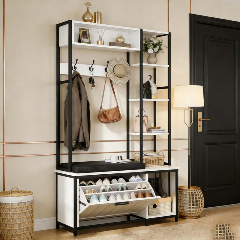 Hall Tree Coat Rack, Hall Tree With Bench and Shoe Storage, White+Black