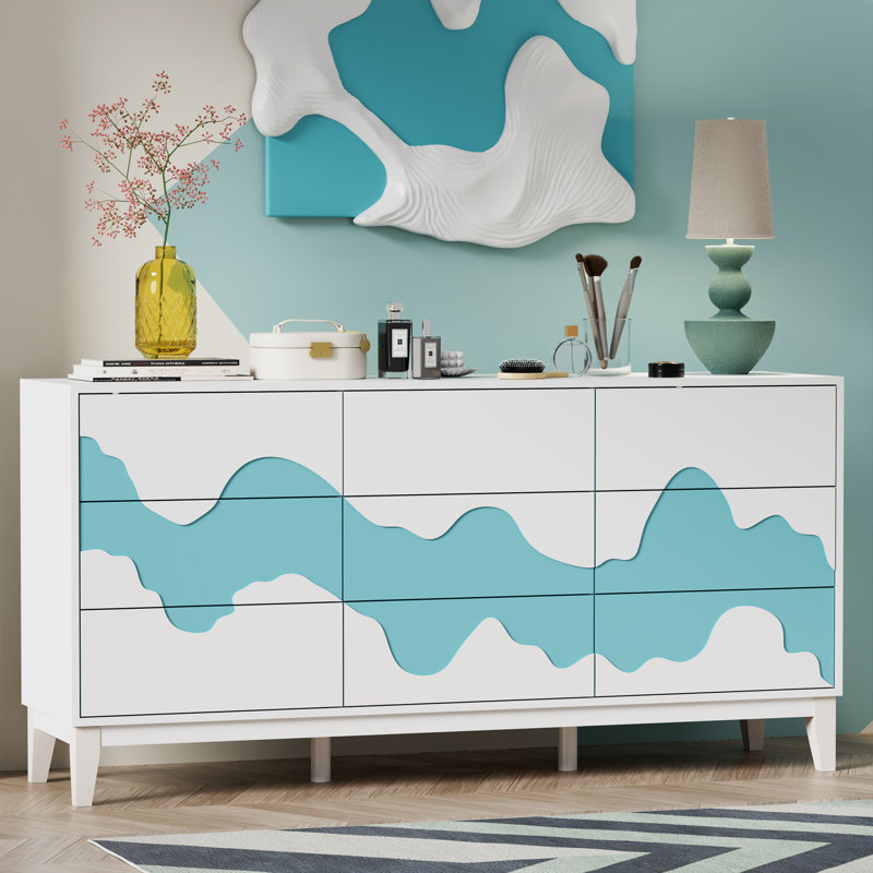 Commode 9 tiroirs l 9 po, Blanc / Bleu
