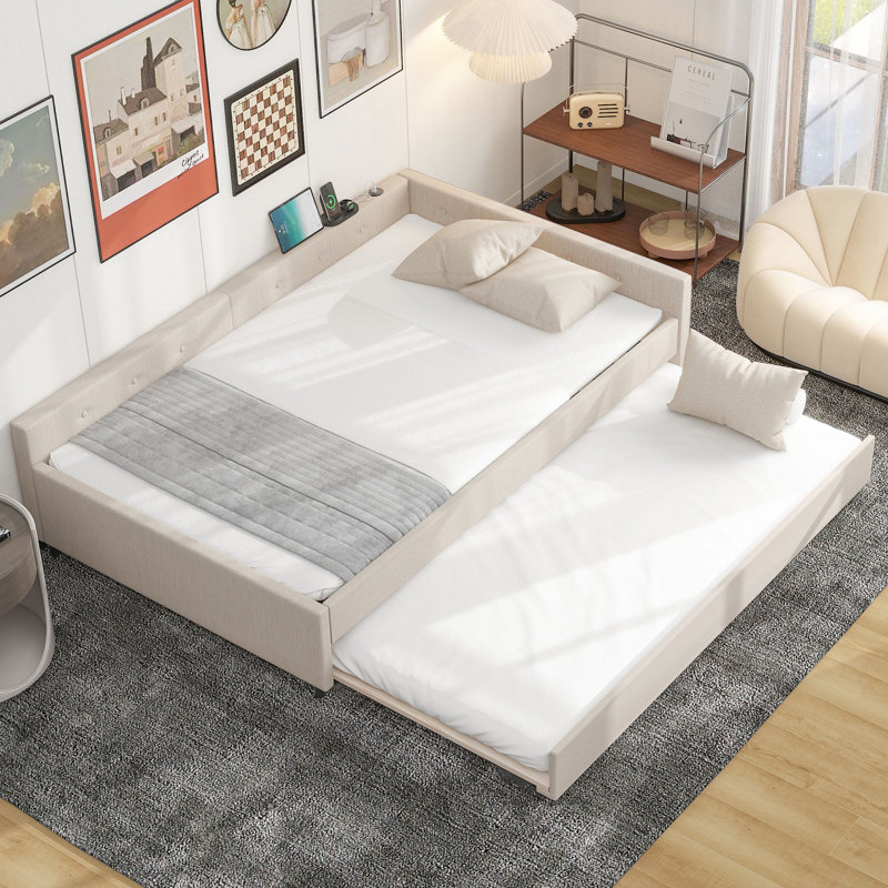 Lit plateforme tapissier double avec ports USB et lit gigogne simple, tissu de lin, beige, Complet/Double