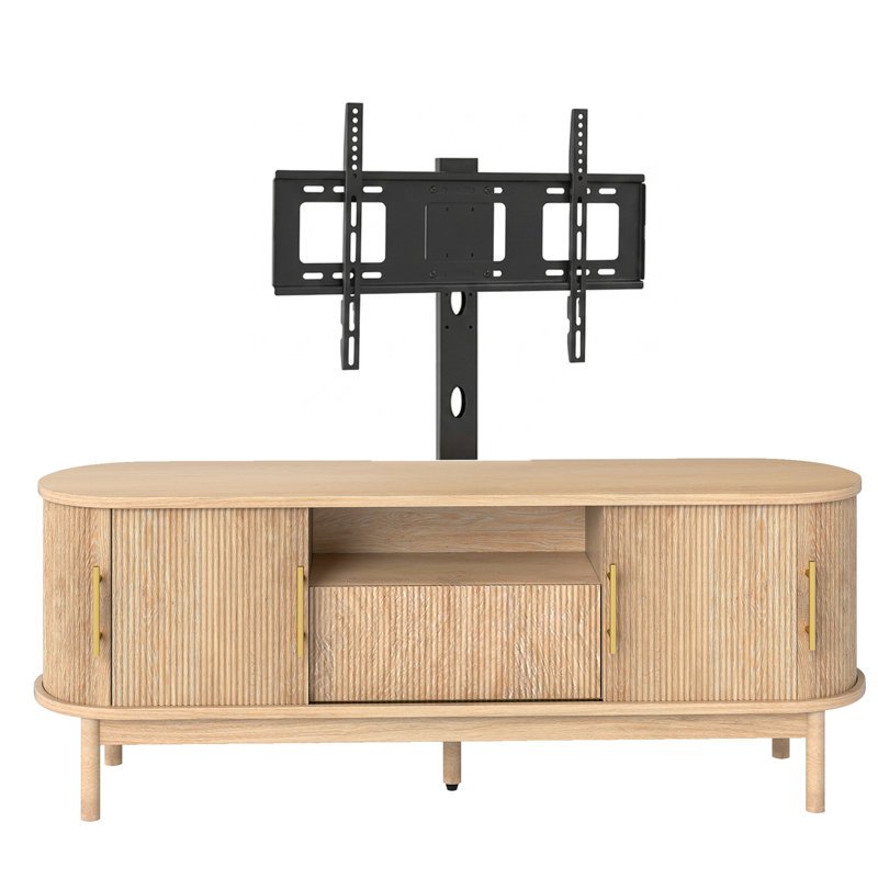 Meuble télé moderne avec cannelure et support de charge, Bois de chêne, 66" W 