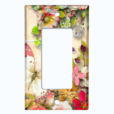 Metal Light Switch Plate Outlet Cover (Butterfly Colourful Flowers Compass White  - Single Toggle)