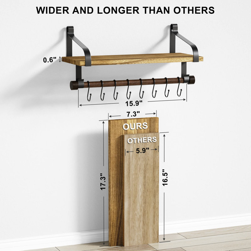 Floating Shelf Wall Shelf For Storage Rustic Wood Kitchen Spice Rack With Towel Bar And 8 Removable Hooks For Organize Cooking Utensils Or Mugs Carbonized Black