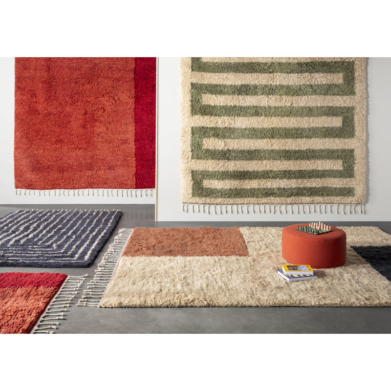 Handmade Red Beige Navy Wool Geometric Rug 5' x 8'