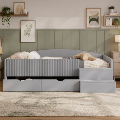 Structure de lit de jour simple rembourrée avec 2 tiroirs de rangement, velours côtelé de qualité supérieure et mélange de velours pour les chambres d'enfants modernes