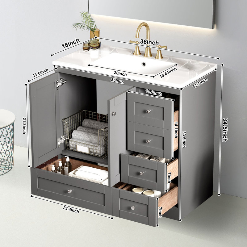 Meuble-lavabo 36 po avec lavabo en céramique, Gris