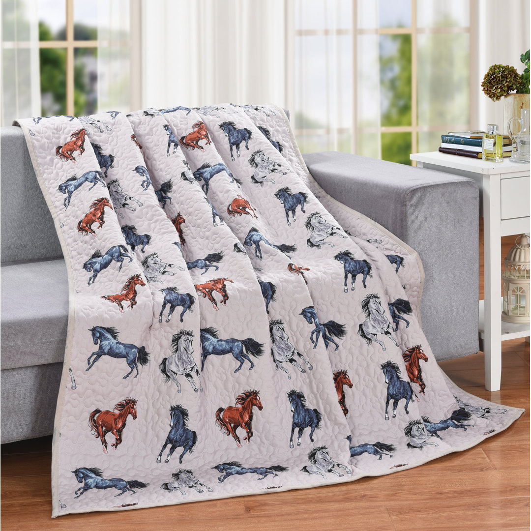 Wild Mustang on White Western Horses Farmhouse Ranch 60" x 50" Decorative Throw Quilt Blanket De Leon Collections