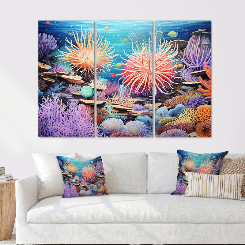 «Blue and Mauve Crown of Anemone - Coastal Coral Under Water», ensemble d'art mural, Toile tendue, H 28 po x l 36 po x P 1 po