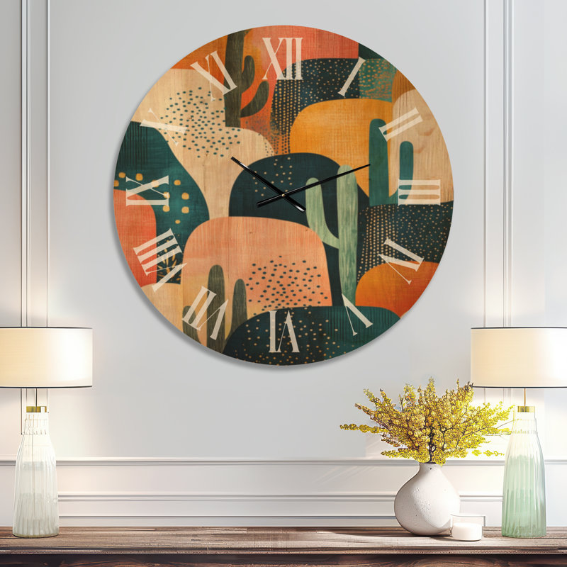 Horloge murale bohème cactus du désert - Bleu sud-ouest américain, imprimée sur bois, Très grand