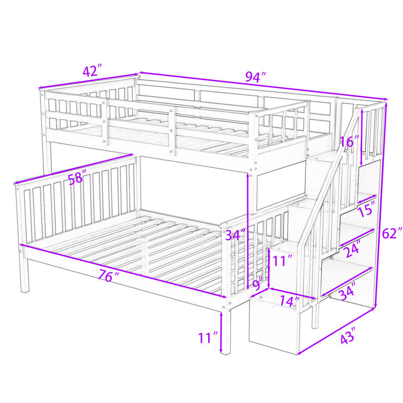 Lit superposé simple au-dessus de double en bois avec escalier de rangement Jovie, Espresso