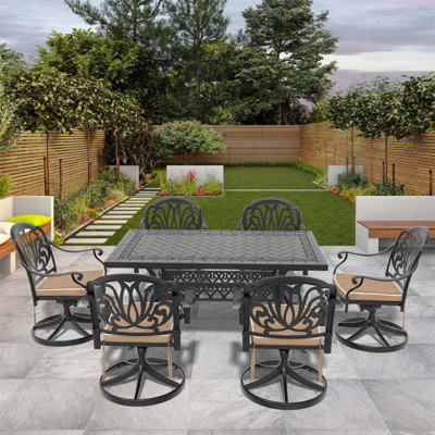 All-Weather Cast Aluminum Dining Set with Swivel Chairs and Rectangular Table for Unforgettable Outdoor Dining Experiences, by Canora Grey