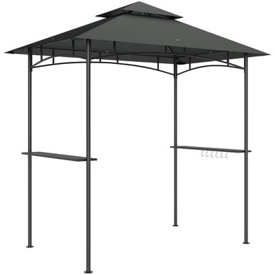 8' X 5' Dark Grey Grill Gazebo, Double Tiered Bbq Canopy With Led Lights, 2 Side Storage Shelves And Hanging Hooks, Rustproof Powder Coated Steel Frame