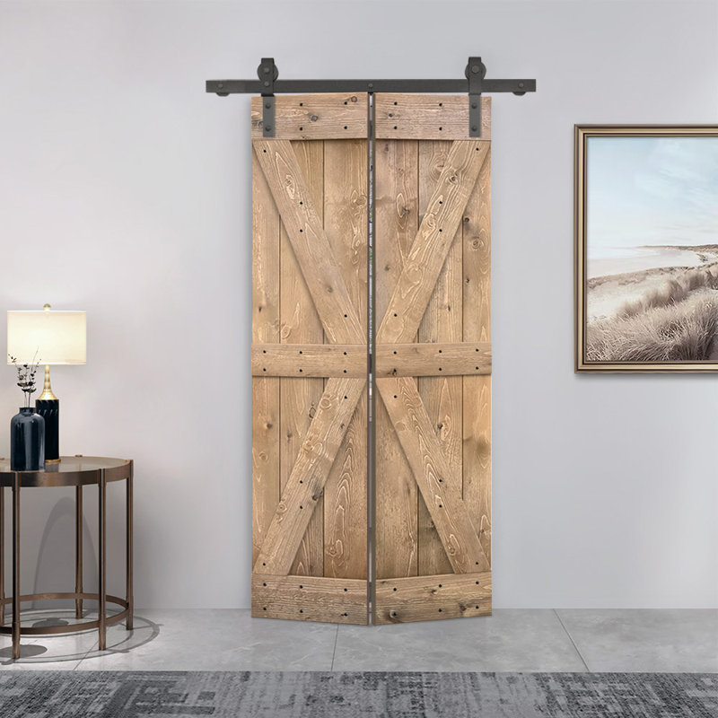 Porte de grange pliante en bois de pin avec quincaillerie coulissante, Marron clair, 38 po x 84 po