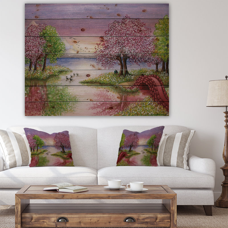 Lac romantique en rose et vert - impression d'art graphique, H 20 po x l 20 po x P 1 po, Cadre flottant