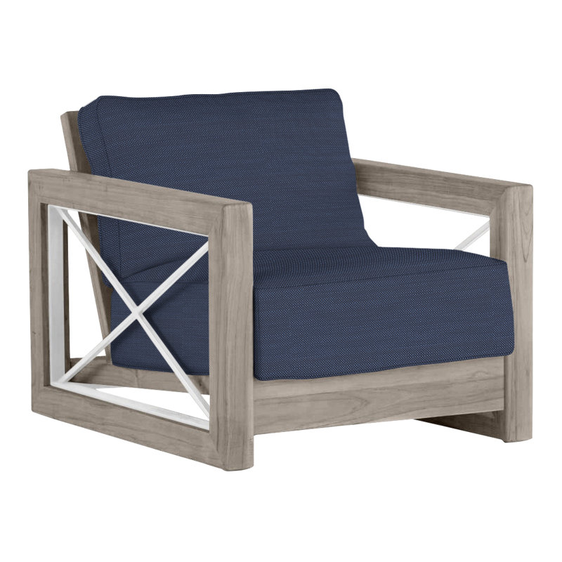 Malta Teak Outdoor Lounge Chair, Oyster Teak/Brushed Stainless, Welt + Standard fill, Perigold Ishi Blue Jean