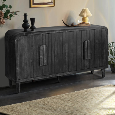 59'' Farmhouse Curved Vintage Storage  Sideboard With  Large Wooden Handles, Vertical Wood Grain Carving And Adjustable Shelves  For Kitchen,Dining Room