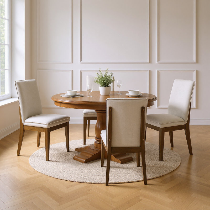 Ensemble de salle à manger 5 pièces en bois rond avec 4 chaises, naturel, Ivoire ivoire