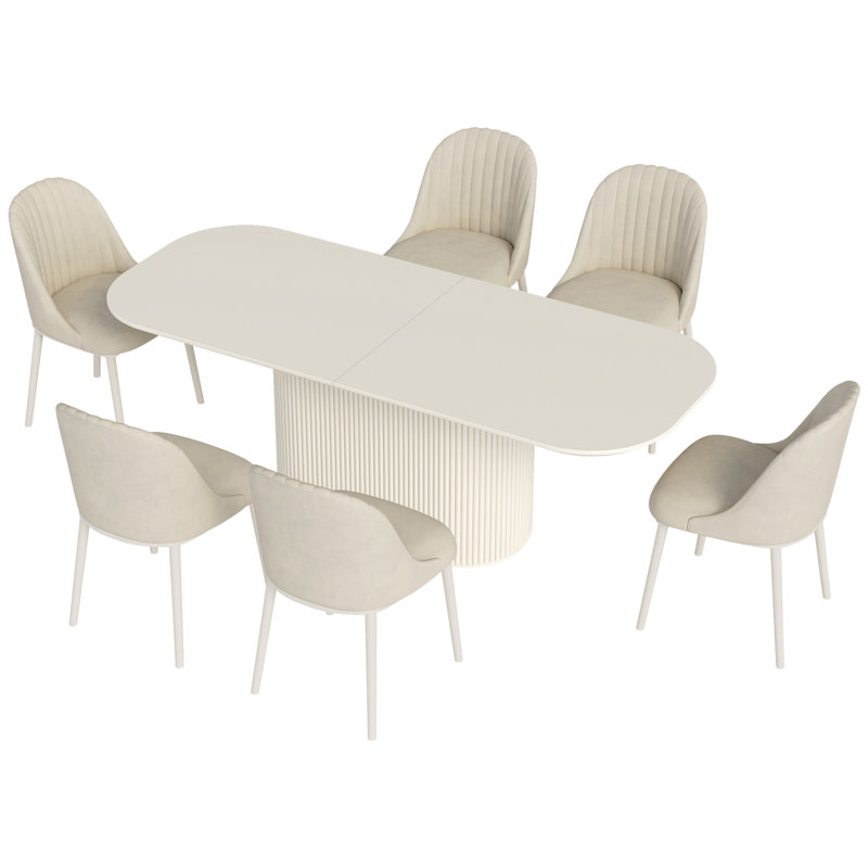 86.61"Oversized Dining Table Set For 6, Oval Cream White Dining Table Set with 6 Chairs for Kitchen, Dining Room