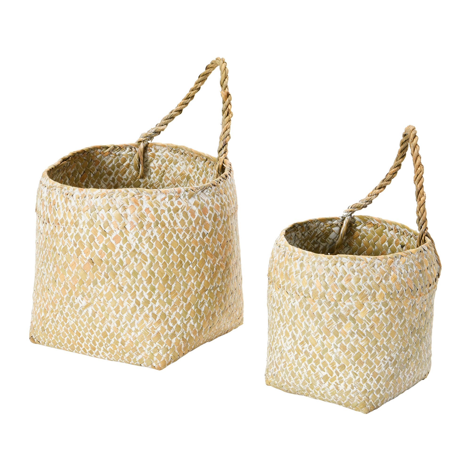 Flat Seagrass Storage Bins with Lid, Wicker Basket for Shelf Organize, Set  of 2 (Small+Large)