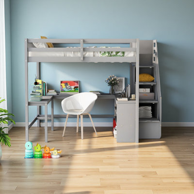 Loft Bed With Built-In L-Shaped Desk And Three-Tier Storage Shelves,And Attached Storage Staircase
