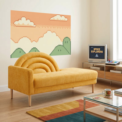 Modern Rainbow-Inspired Curved Backrest Chaise Lounge with Tapered Wood Legs, Yellow Linen