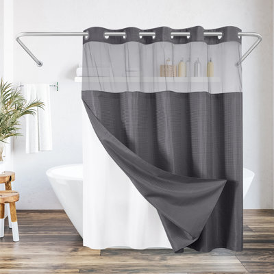 72X75 Hookless Waffle Pattern Shower Curtain - Water-Resistant Long Shower Curtain With Sheer Panel, Snap-In Liner, And Grommets