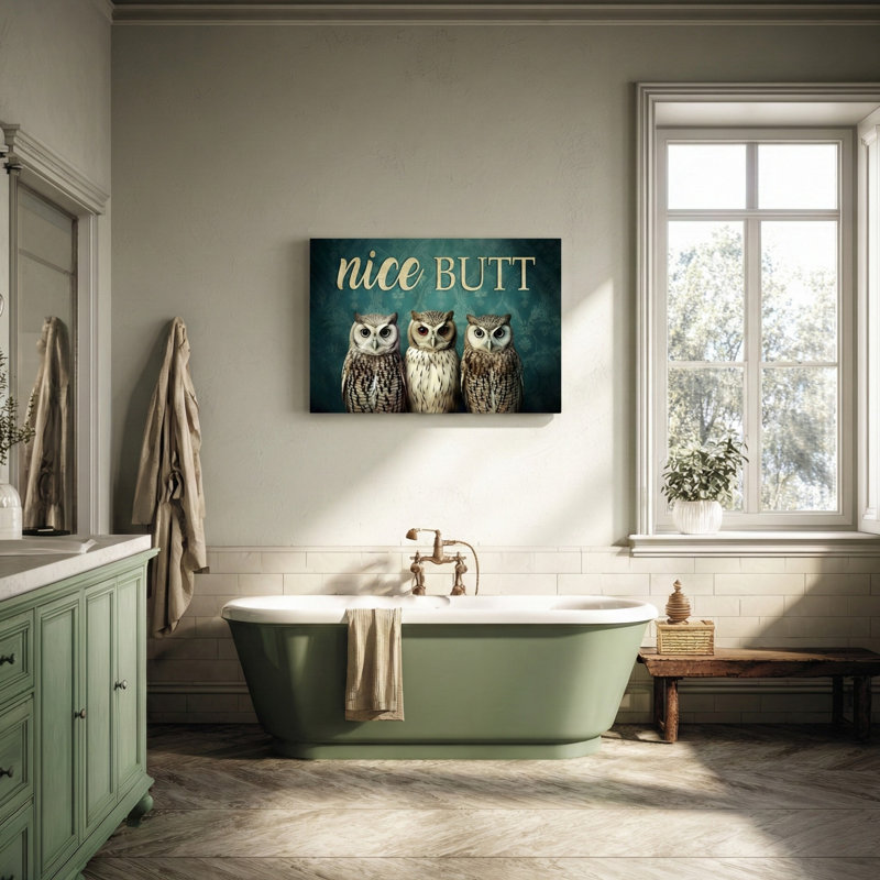 Trois hiboux - toile tendue avec toile tendue - décor d'illustrations de salle de bain et de lessive, blanc et noir