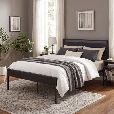 Industrial Metal Platform Bed Frame with Headboard and Iron Slat Support