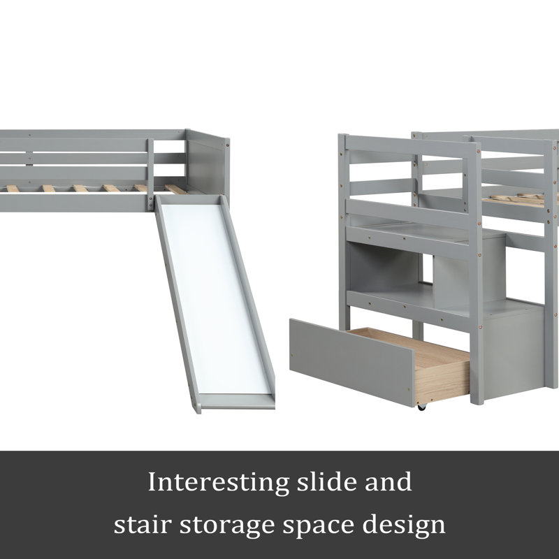 Lit simple mezzanine bas avec escalier, Gris