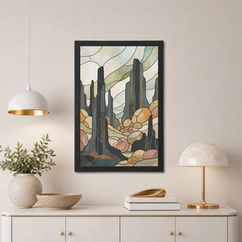 Tableau sur toile représentant des flèches rocheuses en vitrail aux tons terreux, H 36 po x l 24 po