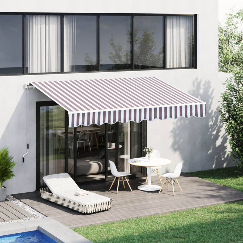 Auvent de patio rétractable 10 pi x 8 pi - Abri de soleil avec manivelle manuelle et toile d'eau, cadre en aluminium pour terrasse, balcon, cour, rayures café