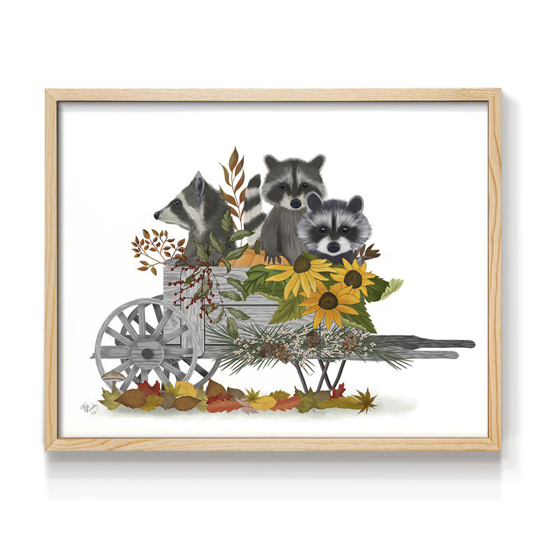 Brouette raton laveur - reproduction encadrée - réarmable, H 8 po x l 10 po, Naturel