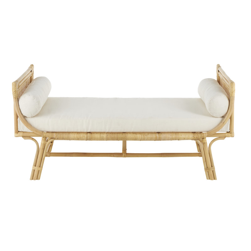 Banc en rotin Cole et gris avec siège et coussins latéraux en tissu blanc
