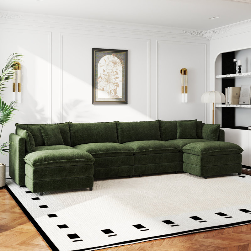 Modern Chenille Loveseat Sofa Couch With Ottoman, 33.85" H x 147.22" W x 35.82" D, Green Chenille