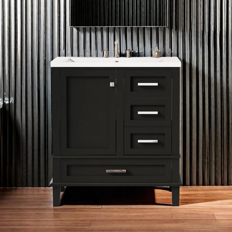Ensemble de meuble-lavabo moderne avec lavabo 30 po, meuble-lavabo moderne avec porte à fermeture douce et 3 tiroirs, structure en bois massif (noir)