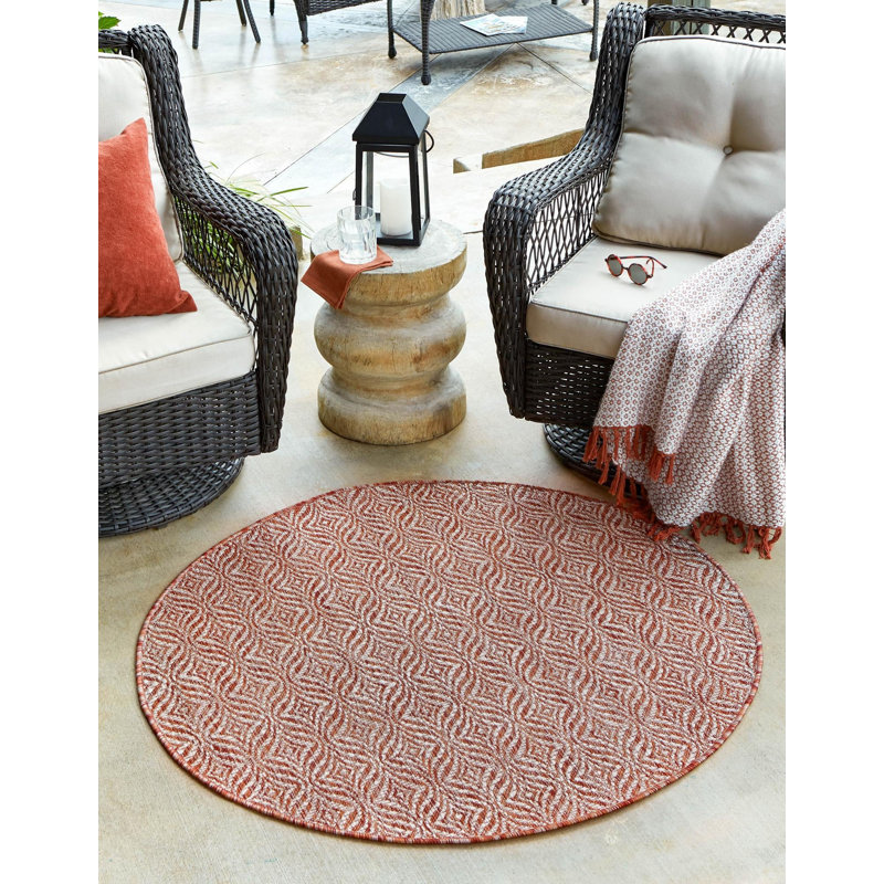 Tapis intérieur / extérieur rouge géométrique Flara, Rond 4 pi 1 po
