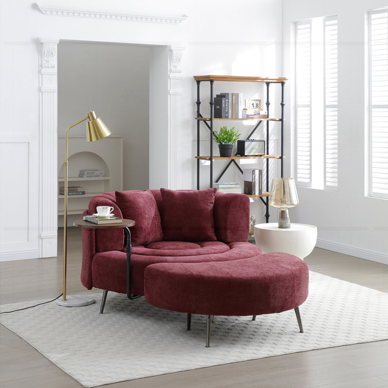 Fauteuil demi-tonneau surdimensionné avec repose-pieds, Chenille bourgogne